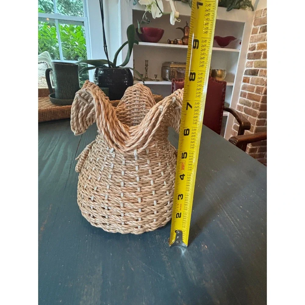 Vintage Woven Straw Ruffle Top Basket Bow Detail Boho Decor Made in Korea